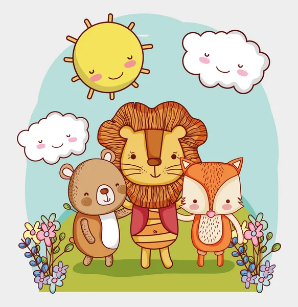 Cute animals, cartoon lion and bear sun clouds cartoon — Stock vektor