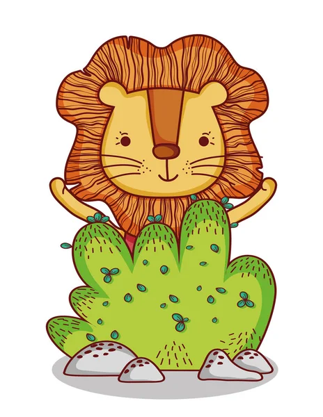 Animais bonitos, pequeno leão desenho animado arbusto natureza —  Vetores de Stock