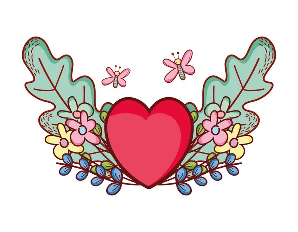 Piros szív szerelem pillangók virágok rajzfilm — Stock Vector