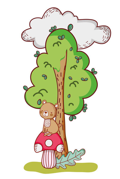 cute animals, bear on tree leaf foliage cartoon