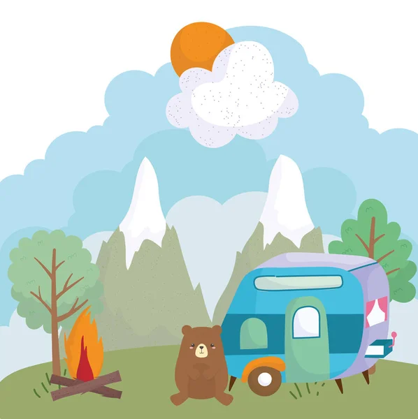 Camping cute bear trailer bonfire trees mountains cartoon — Stockvektor