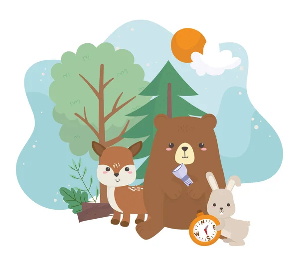 Camping uroczy niedźwiedź jeleń królik kompas latarnia drzewa kreskówka słońce — Wektor stockowy