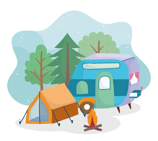 Camping tent trailer kampvuur bos bomen groen cartoon — Stockvector
