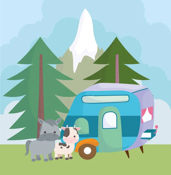 Camping niedlichen Esel Kuh und Anhänger Bäume Berg Cartoon — Stockvektor