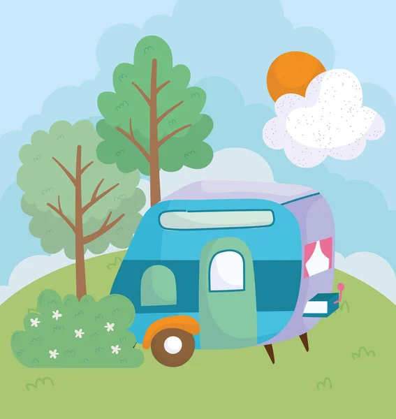 Camping reboque flores arbusto árvores grama sol nuvem desenho animado — Vetor de Stock