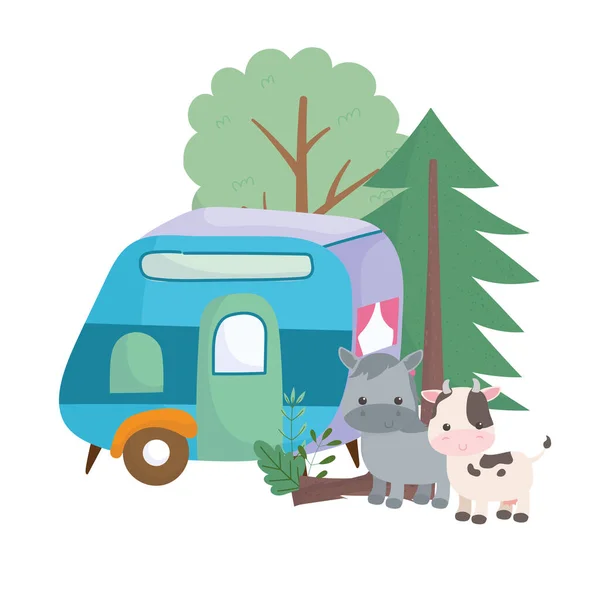 Camping niedlich Kuh Esel Anhänger Wald Bäume Natur Cartoon — Stockvektor