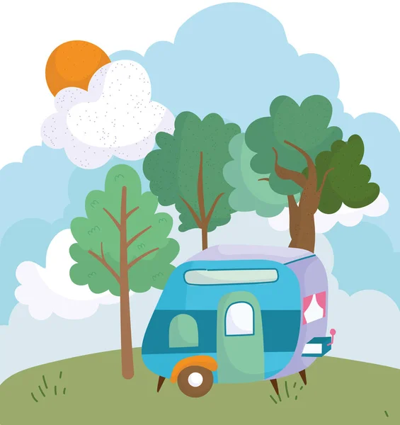 Camping trailer bush trees meadow sun cloud cartoon — Stock Vector