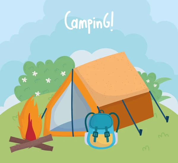 Acampamento barraca mochila fogueira arbustos folhagem grama desenhos animados — Vetor de Stock