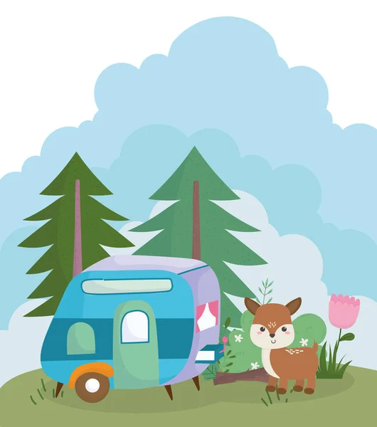 Camping niedlich Hirsch Anhänger Blumen Bäume Natur Cartoon — Stockvektor