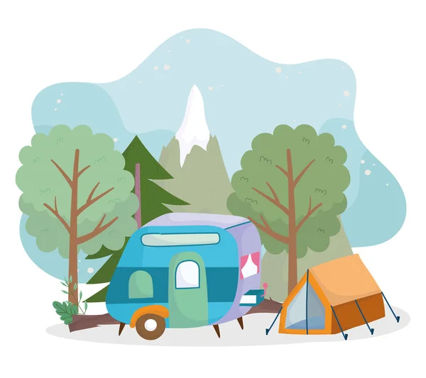 Camping tent trailer forest trees greenery cartoon — Stock vektor