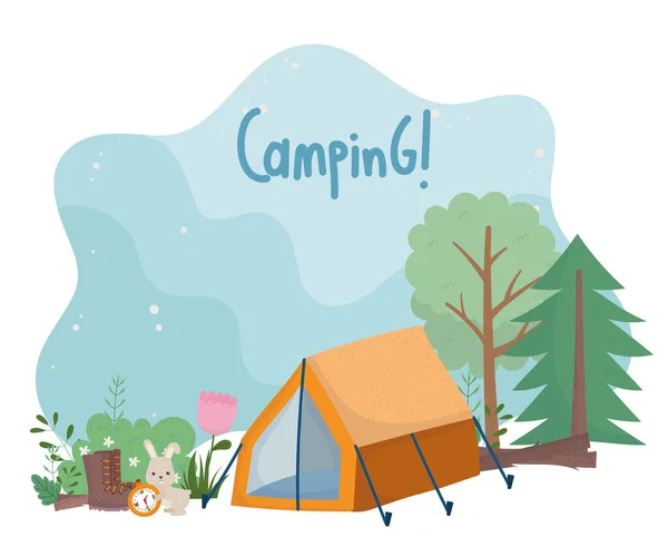 Camping kaninchenzelt stiefel kompass blume wald bäume cartoon — Stockvektor