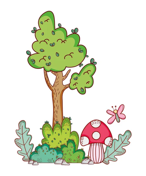 Tree mushroom butterfly branch cartoon — Stock Vector