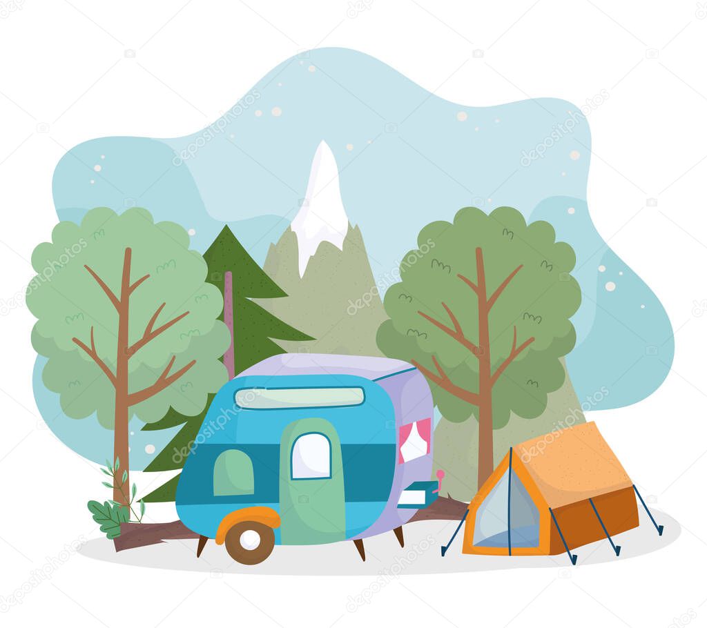 camping tent trailer forest trees greenery cartoon