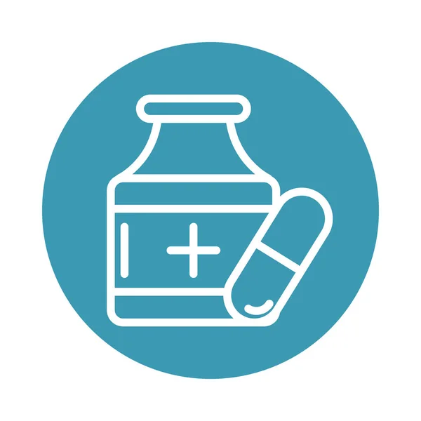 Virus covid 19 pandemic medicine bottle capsule pharmacy block line style icon — Stock vektor