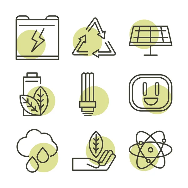 Energía sostenible alternativa ecología renovable iconos set line style icon — Vector de stock