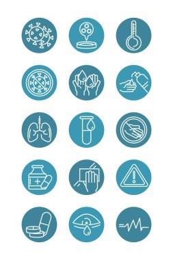 virus covid 19 pandemic respiratory pneumonia disease icons set block line style icon