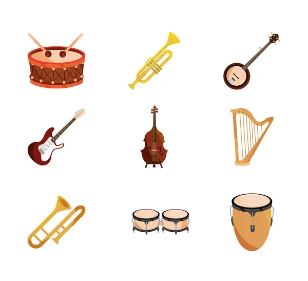 Musical instruments string wind percussion icon set isolated icon — Stock Vector