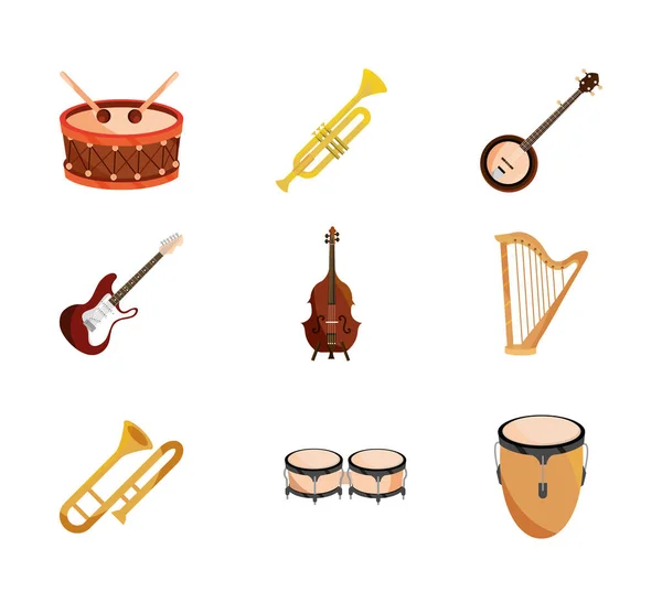 Instrumentos musicais corda vento percussão ícone conjunto ícone isolado — Vetor de Stock