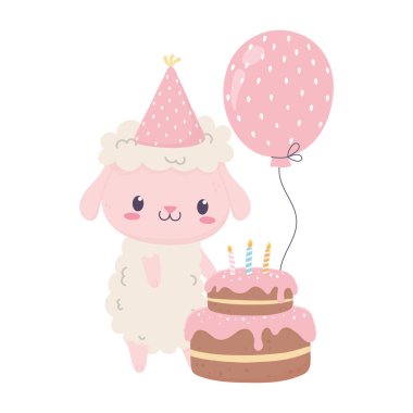 Mutlu yıllar şirin koyun pastası ve balon kutlama kartı.