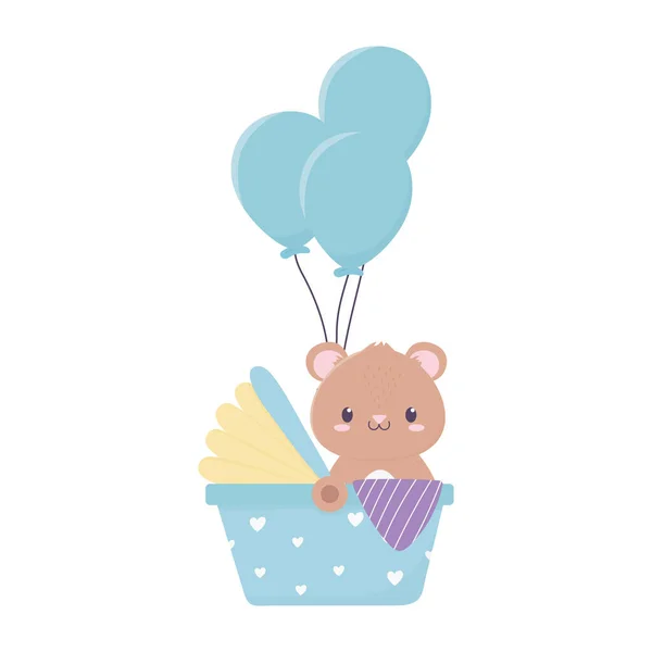 Bebê chuveiro bonito urso no carrinho com balões decoração — Vetor de Stock