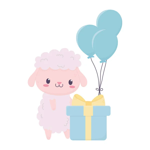 Joyeux anniversaire mouton mignon avec cadeau et ballons animal dessin animé — Image vectorielle