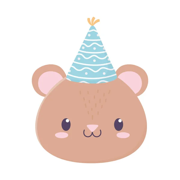 Szczęśliwy urodziny niedźwiedź twarz z partii kapelusz kreskówka izolowane ikona — Wektor stockowy