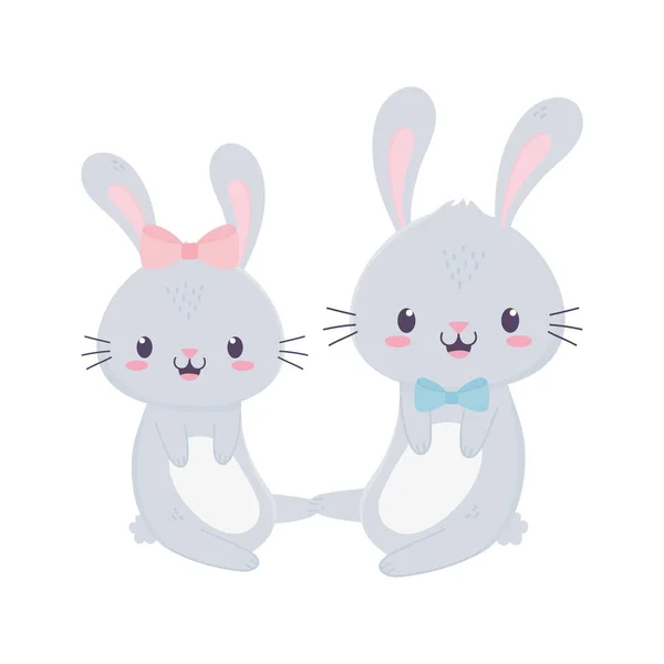 Cute couple rabbits with bow tie animal cartoon isolated icon — Stock Vector