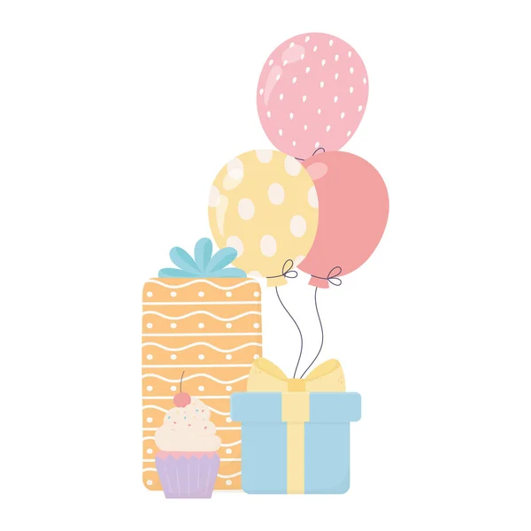 Joyeux anniversaire doux cadeaux cupcake et ballons célébration carte de décoration — Image vectorielle