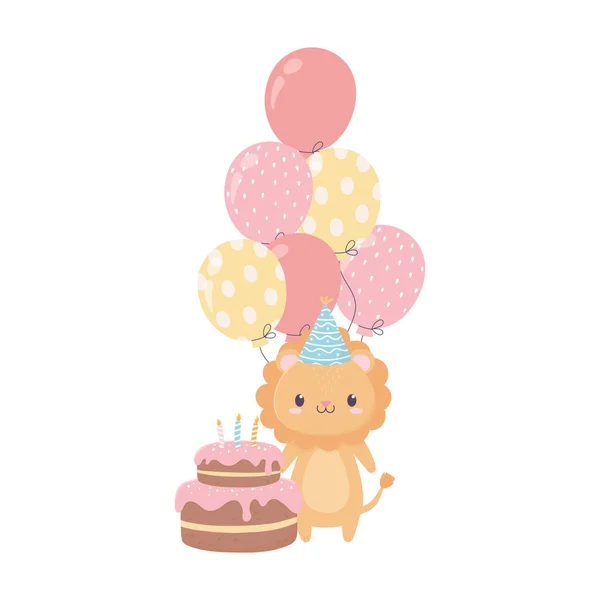 Feliz aniversário leão bolo balões celebração decoração cartão — Vetor de Stock