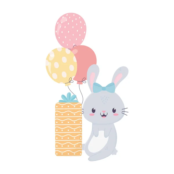 Feliz cumpleaños conejo regalo y globos celebración decoración tarjeta — Vector de stock