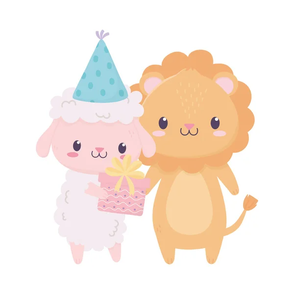 Šťastný narozeninový ovčí lev se slavnostní klobouk dekorace karty — Stockový vektor