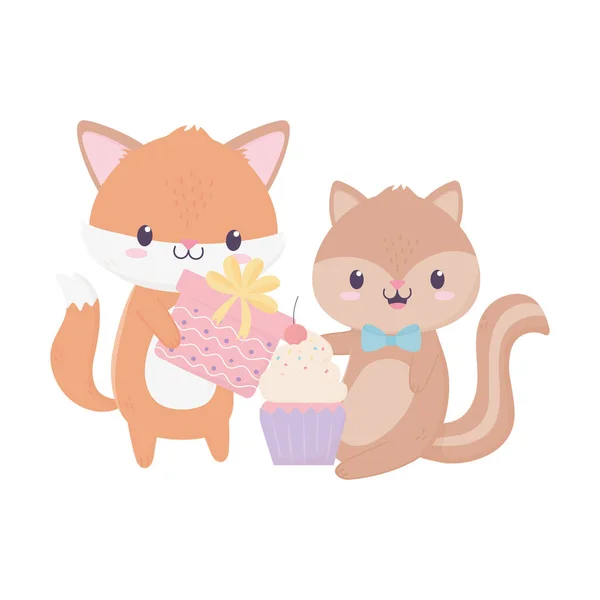 Happy birthday fox squirrel gift celebration decoration card — Stock Vector