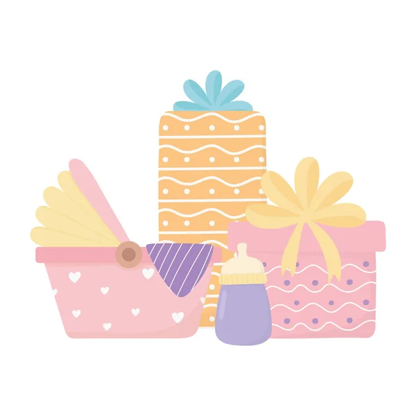 Joyeux anniversaire et bébé douche cadeaux gâteau confettis fête carte de décoration — Image vectorielle