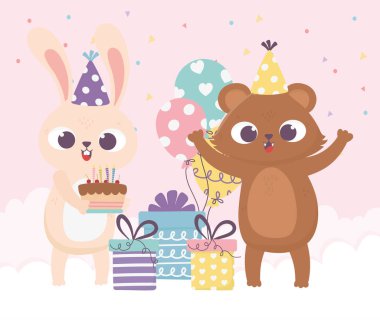 Mutlu gün, parti şapkalı ayı tavşan hediye kutuları ve balonlarla