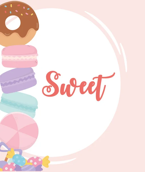 Feliz día, dulce pila de caramelos de macarrones dibujos animados — Archivo Imágenes Vectoriales