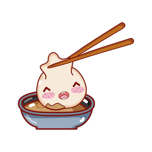 Kawaii boulette baguette sauce dessin animé, sushi et rouleaux — Image vectorielle