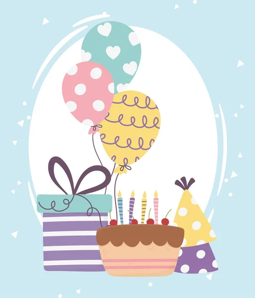 Feliz día, pastel con globos caja de regalo y sombrero de fiesta — Vector de stock