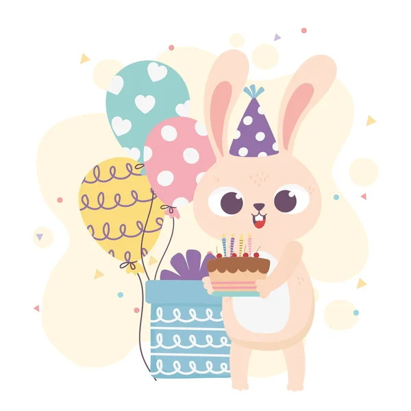 Szczęśliwy dzień, królik z tortem kapelusz party i balony — Wektor stockowy
