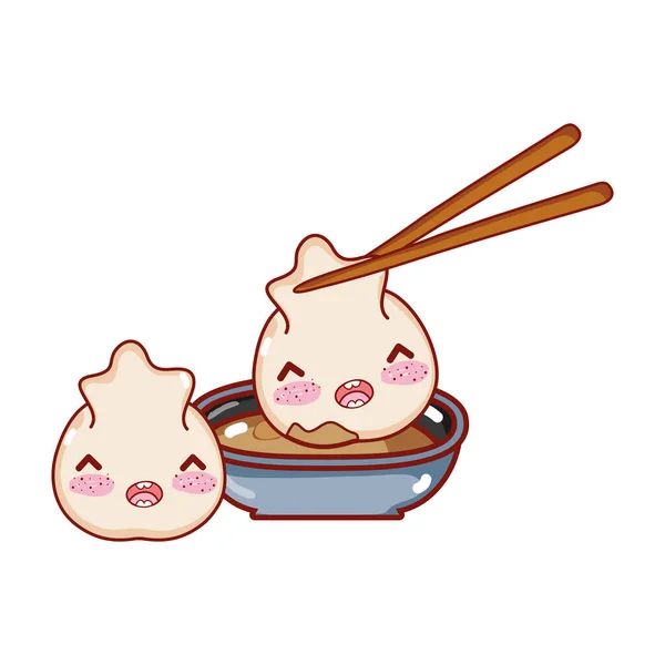 Kawaii ris rulla kött dumpling livsmedel japansk tecknad film, sushi och rullar — Stock vektor