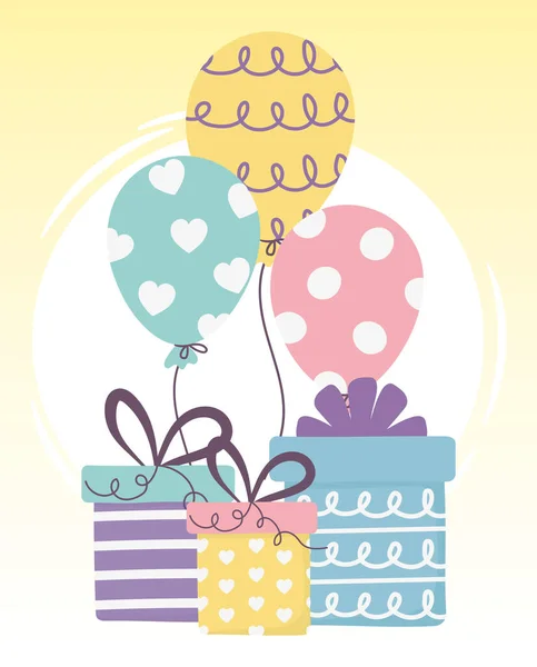 Feliz día, cajas de regalo y celebración de globos — Archivo Imágenes Vectoriales