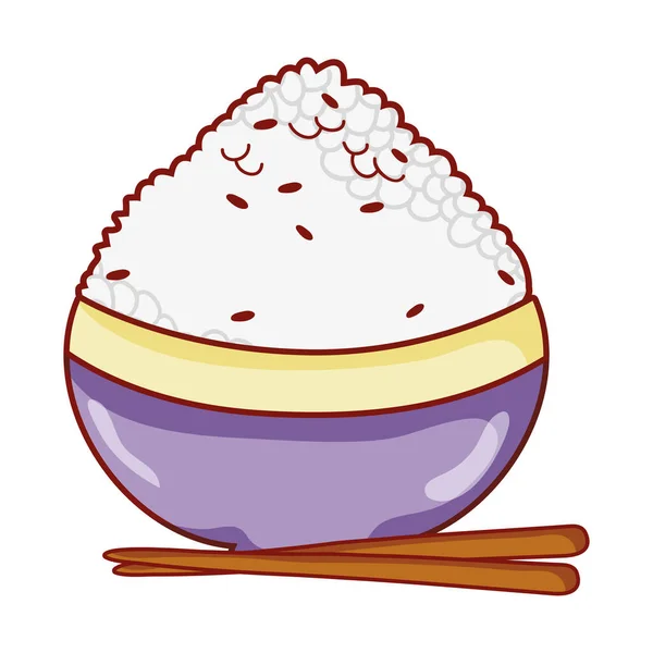 Schüssel Reis mit Stäbchen Essen japanisches Menü Karikatur isoliert Symbol — Stockvektor