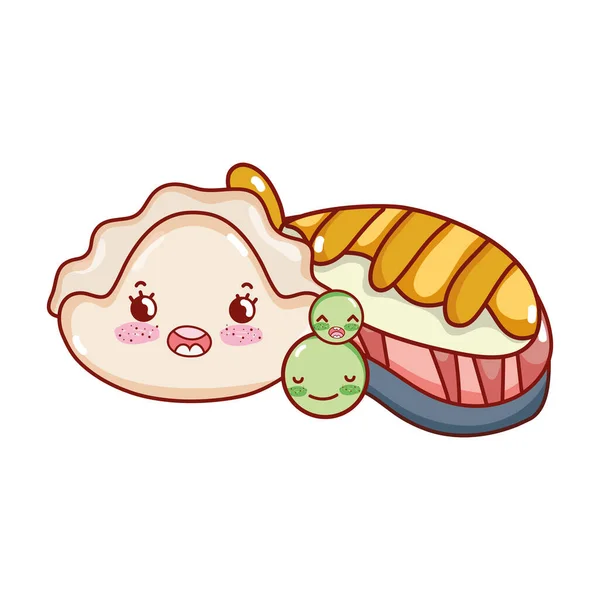 Kawaii pescado sushi guisantes y galletas comida japonesa de dibujos animados, sushi y rollos — Archivo Imágenes Vectoriales