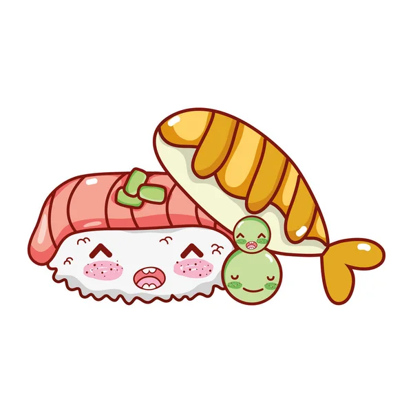 Kawaii nigiri sushi pescado y guisantes comida japonesa dibujos animados, sushi y panecillos — Vector de stock