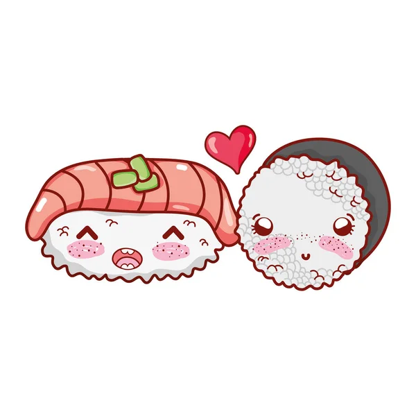 Kawaii sushi pescado y rollo arroz amor comida japonesa dibujos animados, sushi y rollos — Vector de stock