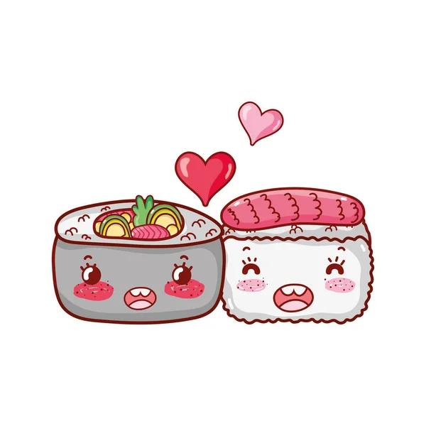 Kawaii sushi hal és zöldség szerelem élelmiszer japán rajzfilm, sushi és tekercs — Stock Vector