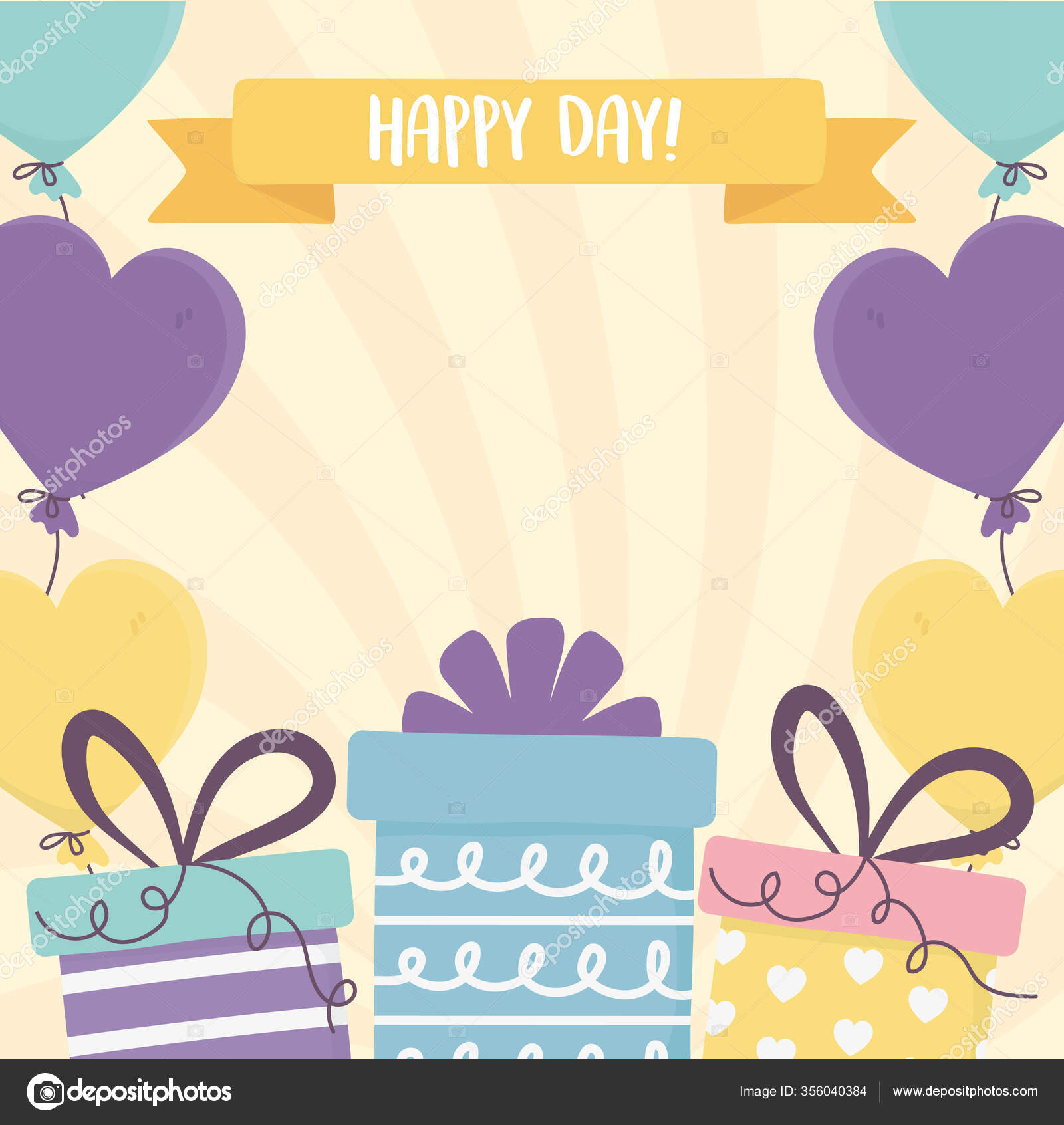 Happy day, gift boxes balloons shaped hearts ribbon decoration Stock Illustration by ©stockgiu