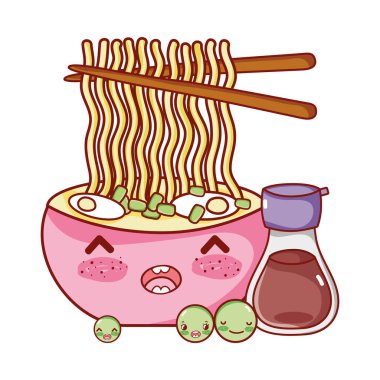 kawaii erişte çorbası sake ve bezelye yemeği Japon çizgi filmi, suşi ve rulo.