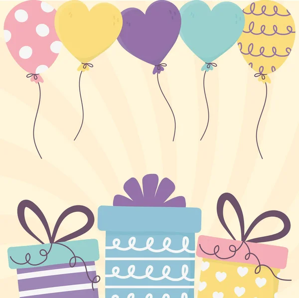 Mutlu gün, hediye balonları şekilli kalp dekorasyonu kutlaması — Stok Vektör