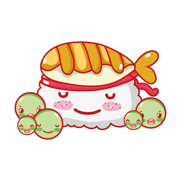 Kawaii sushi pescado y guisantes comida japonesa dibujos animados, sushi y rollos — Archivo Imágenes Vectoriales