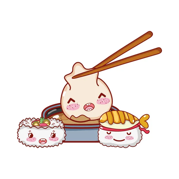 Kawaii-Knödel-Sauce und Stäbchen-Essen japanischer Cartoon, Sushi und Brötchen — Stockvektor